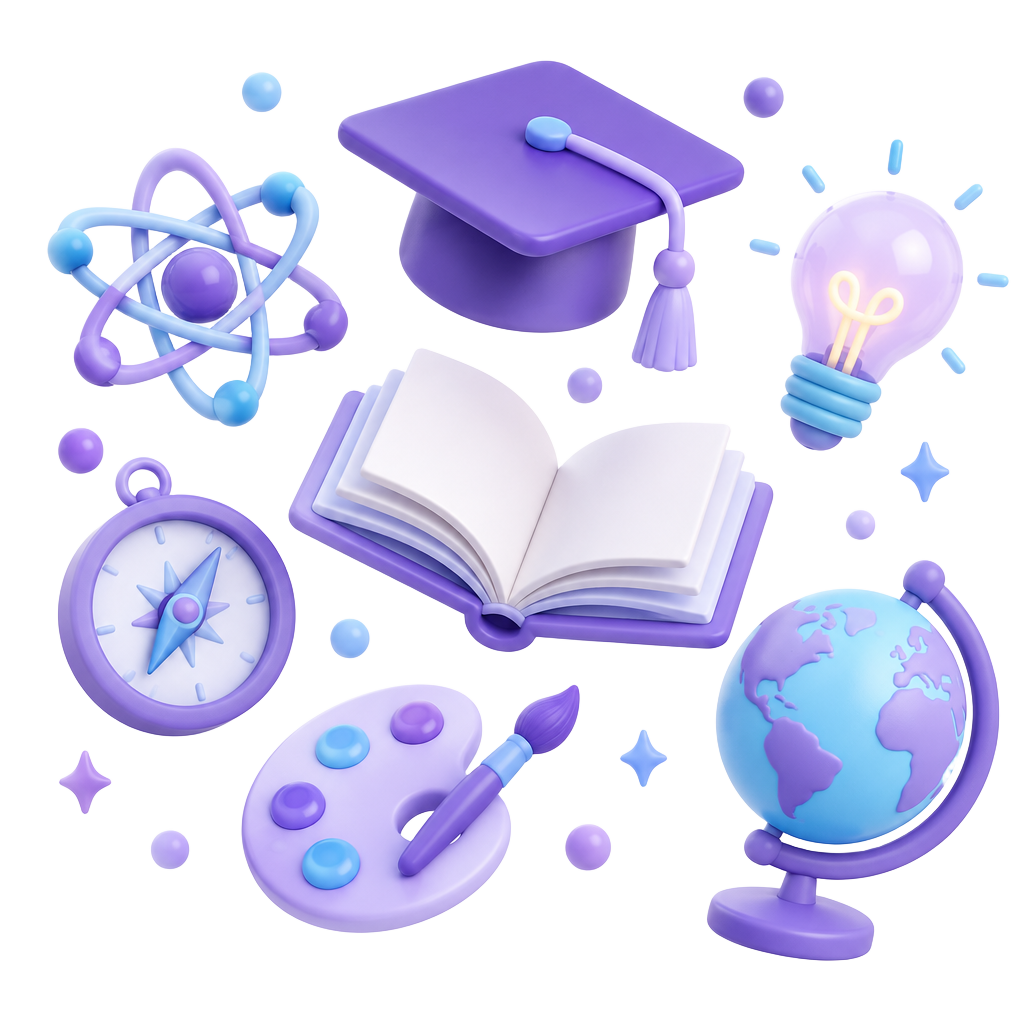 Floating graduation cap, books, globe and lightbulb